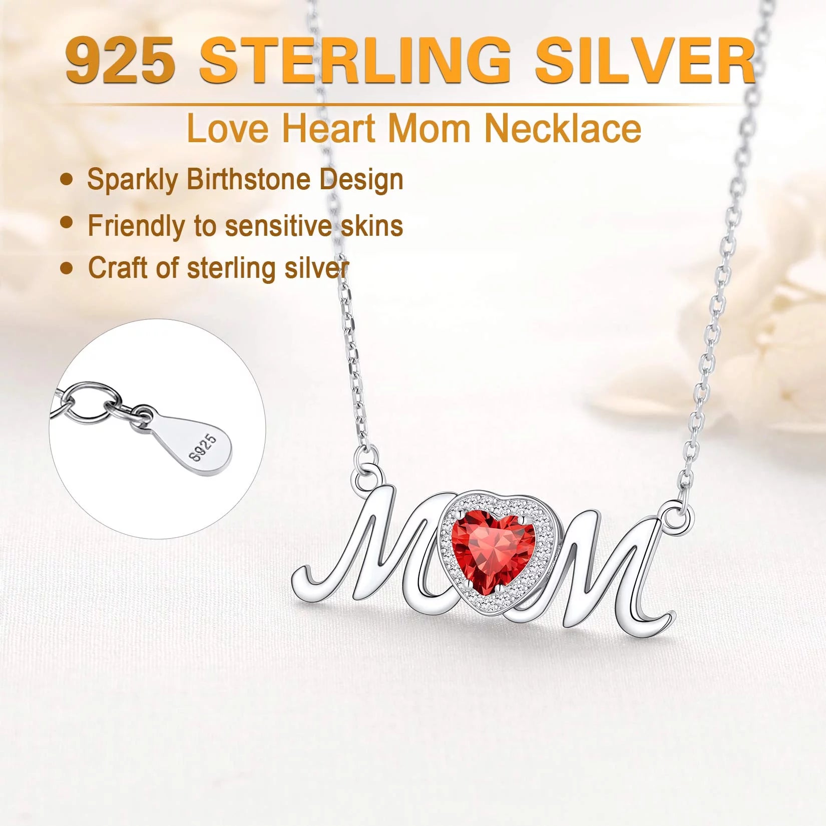 Cherish Mom's Love. Sparkling 925 Sterling Silver Birthstone Heart Necklace - The Perfect Mother's Day Gift!