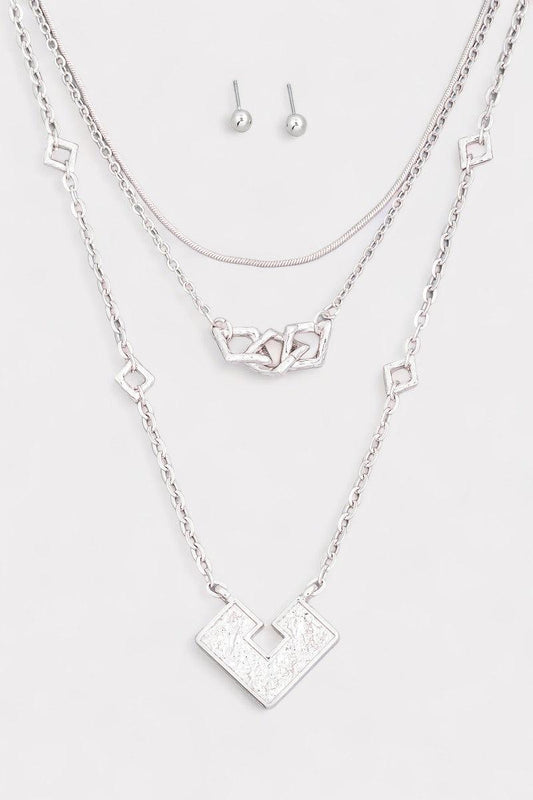 Chic Simplicity: Square Pendant Layered Chain Necklace & Ball Earrings Set