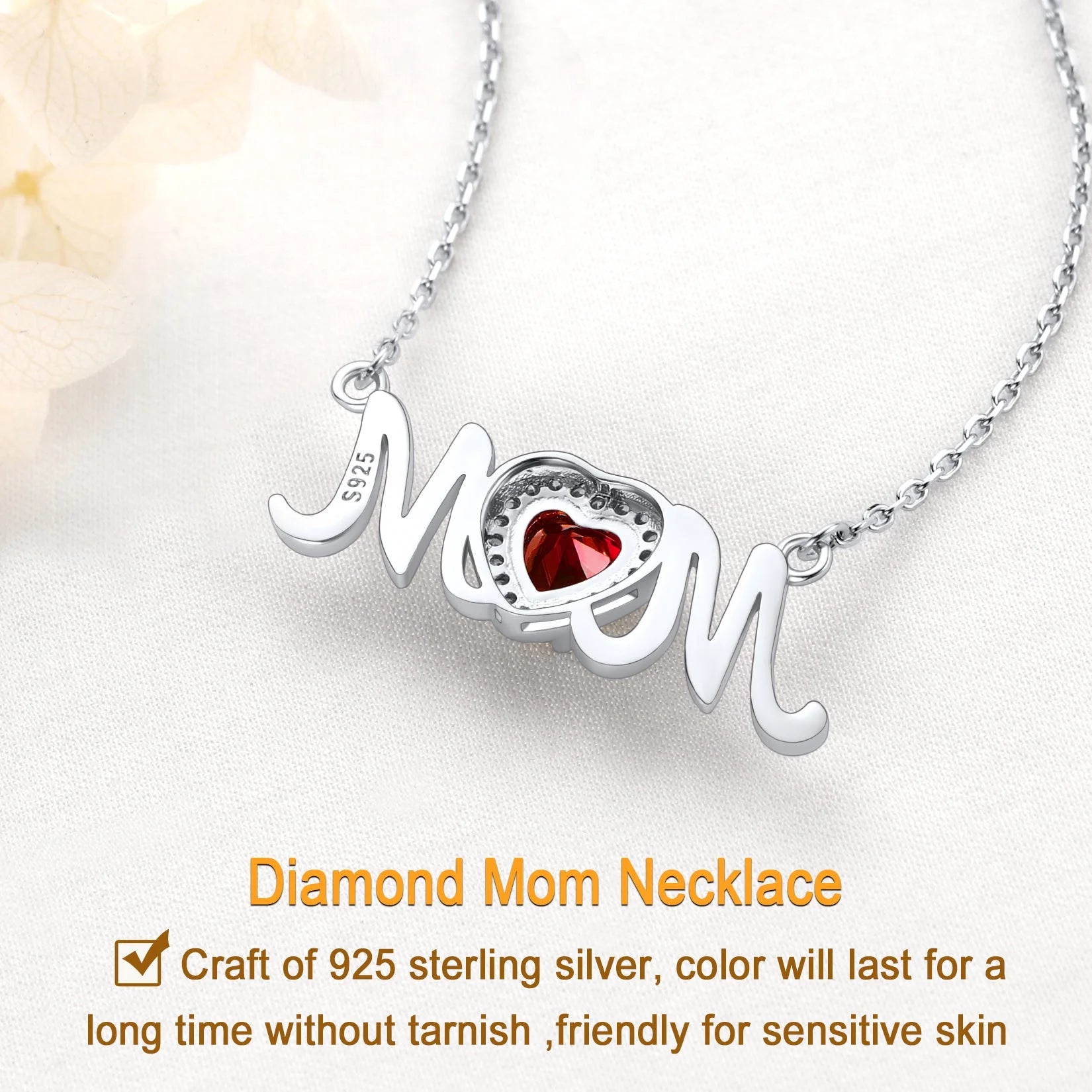 Cherish Mom's Love. Sparkling 925 Sterling Silver Birthstone Heart Necklace - The Perfect Mother's Day Gift!