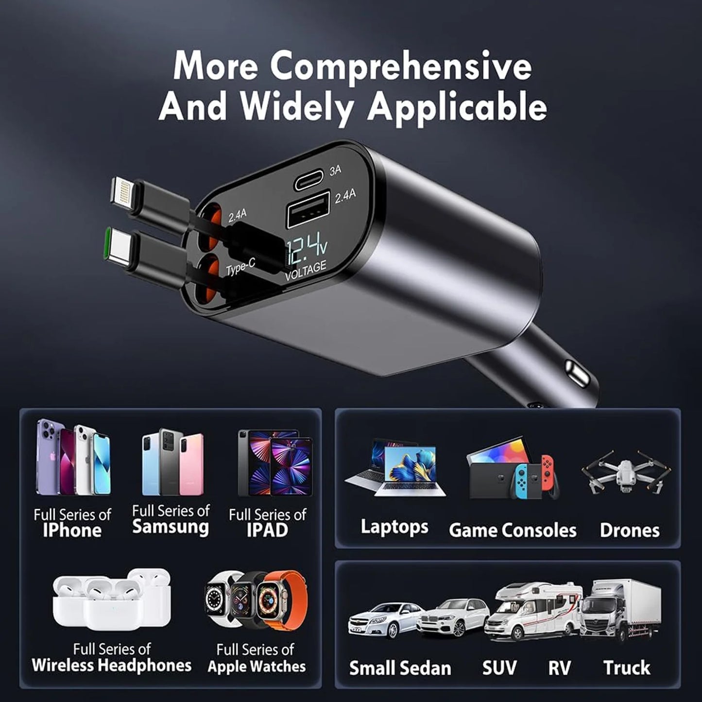 Stay Powered on the Go. Retractable Car Charger - 100W 4-in-1 Super Fast Charge Car Phone Charger with Retractable Cables (31.5 Inch) and 2 USB Ports Car Charger Adapter, Compatible with iPhone 15/14/13/12 Pro Max XR, iPad, Samsung, Pixel, and More