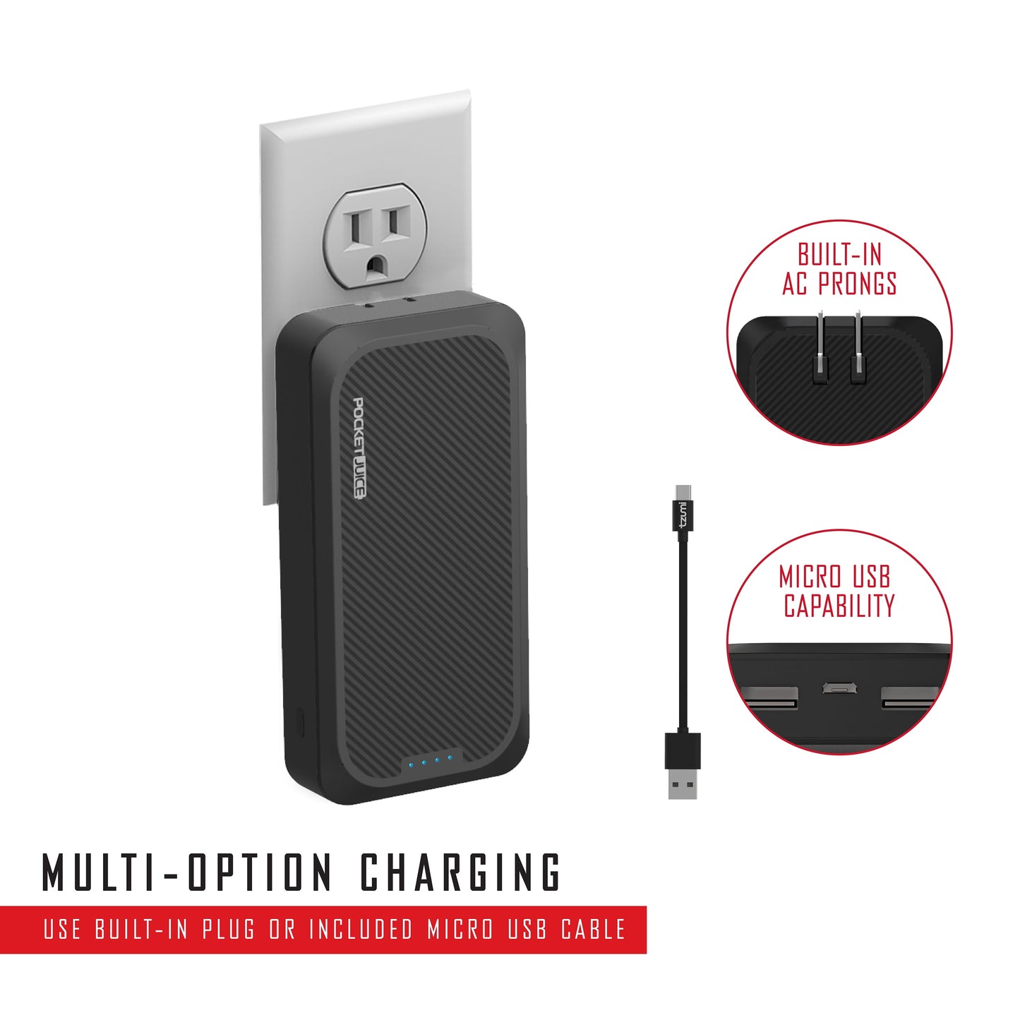 Endurance AC 10,000Mah, Portable Power Bank Charger with Built-In Wall Plug, Black