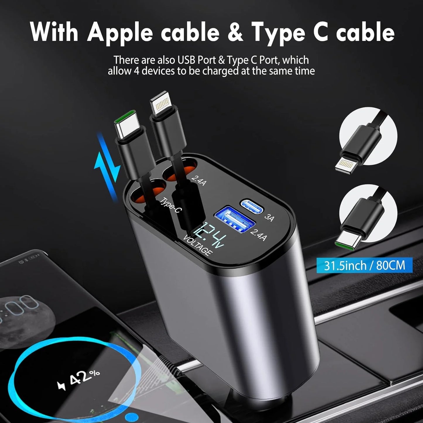 Stay Powered on the Go. Retractable Car Charger - 100W 4-in-1 Super Fast Charge Car Phone Charger with Retractable Cables (31.5 Inch) and 2 USB Ports Car Charger Adapter, Compatible with iPhone 15/14/13/12 Pro Max XR, iPad, Samsung, Pixel, and More