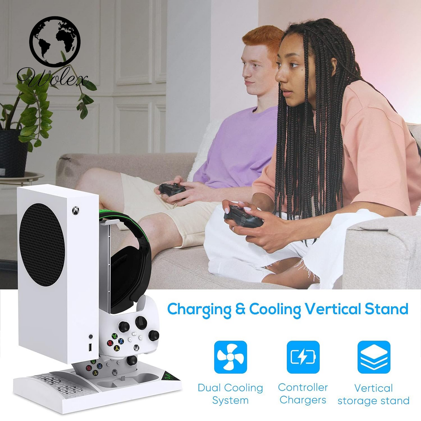 Charger Stand with Cooling Fan for Xbox Series S Console and Controller,Vertical Dual Charging Dock Accessories with 2 X 1400Mah Rechargeable Battery and Cover, Earphone Bracket for XSS