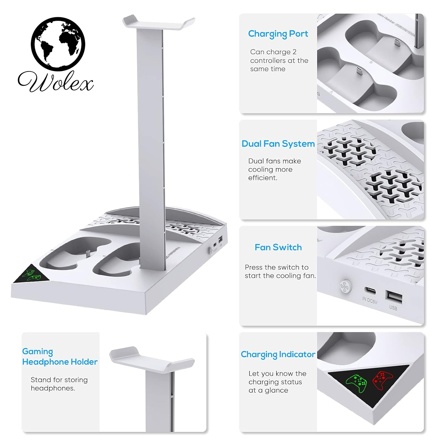 Charger Stand with Cooling Fan for Xbox Series S Console and Controller,Vertical Dual Charging Dock Accessories with 2 X 1400Mah Rechargeable Battery and Cover, Earphone Bracket for XSS